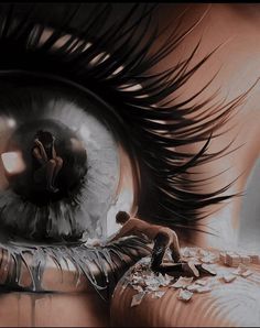 an artistic painting of a woman's eye with the reflection of a man in it