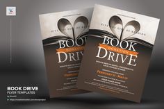 a book drive flyer is shown with two open books on the front and back cover