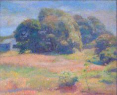 an oil painting of trees and grass