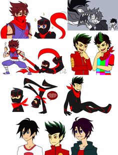 some anime characters with different hair colors and numbers on their faces, one is wearing a red