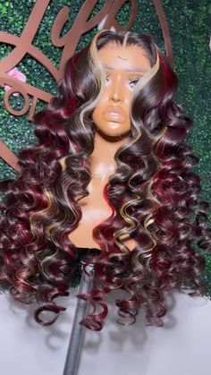 Colored Curly Hair Wig, Colorful Lace Front Wig Black Women, Christmas Wig Ideas, Color Hair On Black Women, Black Wig With Colorful Highlights, Colored Roots Lace Wig, Color Body Wave Wig, Birthday Wigs, Lacefront Wig Styles