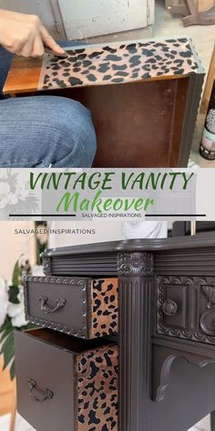 an old dresser is transformed into a vintage vanity makeover with leopard print paint and decorative drawers