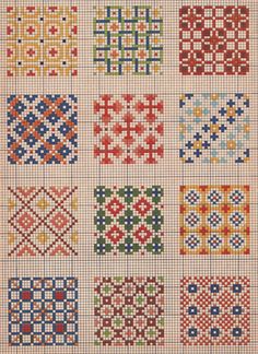 a cross stitch pattern with many different colors and patterns on the front, including squares