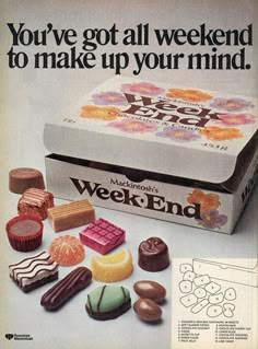 an advertisement for the macintex's week - end chocolates from 1971