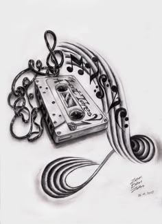 a drawing of an old school tape recorder with music notes and trebles around it