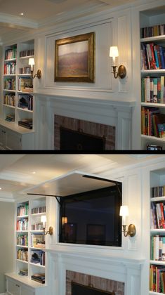 two pictures of a living room with bookshelves and fireplace