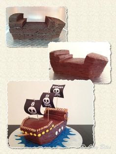 the cake is made to look like a pirate ship