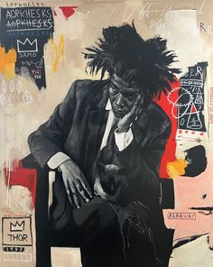 a painting of a man with dreadlocks on his head and hands holding a cat