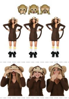 the woman is posing with her hands on her face and wearing monkey costumes for halloween