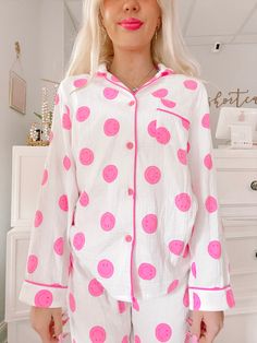 ** RUNS SMALL ** Our bestselling Smiley Dreams set is now available IN PINK! This Sassy Shortcake exclusive set is a pink soft button up smiley face top and pants gauze pajama set. Perfect for lounging and lazy days. fit: these RUN SMALL - size up 1 size more than your normal model normally wears a small and is wearing a medium in this photo short sleeve top and shorts can be found here also available in yellow Playful Pink Lounge Set, Pink Relaxed Fit Pajama Party Set, Pink Relaxed Fit Set For Pajama Party, Fun Long Sleeve Sleepwear For Pajama Party, Cute Pink Loungewear Sets, Pink Summer Sleepwear For Overnight, Pink Relaxed Fit Sleepwear For Pajama Party, Pink Relaxed Fit Sleepwear For Sleepover, Playful Pink Loungewear Sets