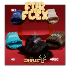 four beanies are on display in front of a red background with the words fur fluck