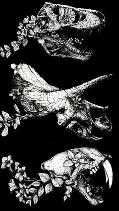 three different types of skulls and flowers on a black background, with one skull in the middle