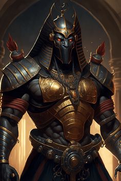 an egyptian warrior in armor with red eyes