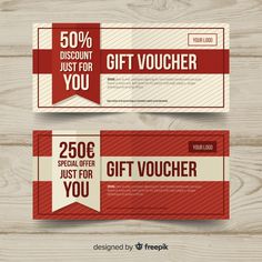 two red gift vouchers with ribbons on wooden background, one for $ 50