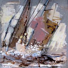 an abstract painting of sailboats in the water