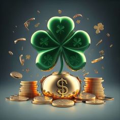 a four leaf clover sitting on top of stacks of coins with money falling around it