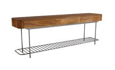 an image of a wooden shelf with metal legs and shelves on the bottom, against a white background