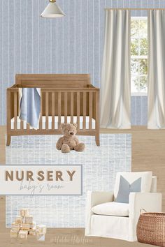 a baby's room with a teddy bear in the crib