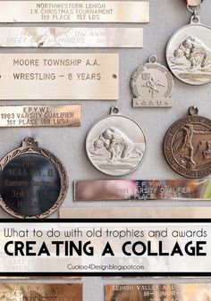 several medals are displayed on a wall with the words creating a collage above them