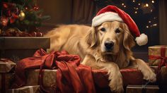 a golden retriever dog wearing a santa hat and sitting next to presents under a christmas tree