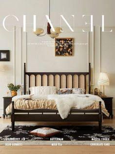 a bed sitting on top of a wooden floor next to a white wall and ceiling