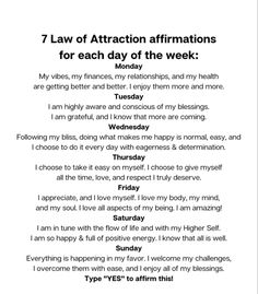 a poem written in black and white with the words law of attraction affirmitions for