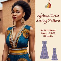 African Dress sewing pattern available as an instant download (pdf) sewing pattern bundle with a range of size options: US Sizes: 2, 4, 6, 8, 10, 12, 14, 16, 18, 20, 22, 24, 26, 28, 30 Standard Sizes: XS, S, M, L, XL, 2XL, 3XL, 4XL These patterns are suitable for A4, A0, and US Letter size papers. As soon as your payment is processed, you will automatically receive download links for the pattern files. This is a digital product and not a finished item. You will receive zip files containing the patterns and sewing instructions. If you have any questions, do no hesitate to contact! African Dress Patterns For Sewing, Traditional Dress African, African Garments, Chitenge Dresses, African Dress Patterns, African Party Dresses, African Prom Dresses, Dress Traditional, Ankara Gown