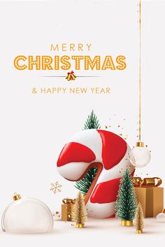 merry christmas and happy new year greeting card with candy canes, presents and fir trees