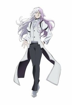 an anime character with long white hair and purple hair, wearing black pants and a white shirt