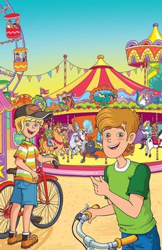 a boy and girl standing in front of a carnival