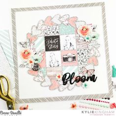 a scrapbook page with paper flowers, scissors and other things to make it look like a collage