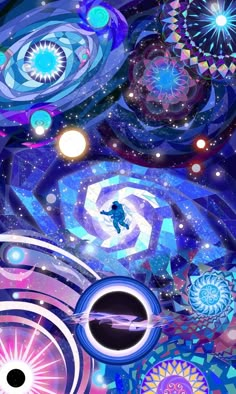 an abstract painting with circles and stars in the sky, surrounded by other colorful objects