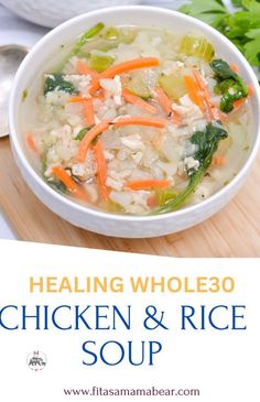 Chicken and cauliflower rice soup with carrots in a white bowl on a cutting board with text on the image. Soup Keto, Hearty Soup Recipes, Whole30 Chicken, Recovery Food, Healthy Food Recipes Clean Eating, Veggie Soup, Healthy Veggies, Chicken And Rice