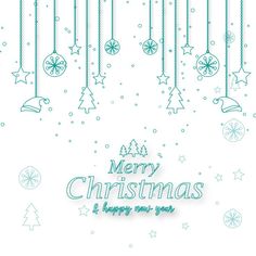 merry christmas and happy new year greeting card with hanging ornaments, snowflakes and stars