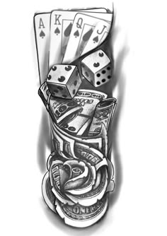 a tattoo design with playing cards, dice and money in the bottom half of it