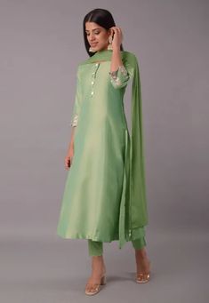 Embroidered Cotton Silk Pakistani Suit in Light Green Party Wear Salwar Suits, Salwar Suits For Women, Party Wear Suits, Party Wear Salwar, Pakistani Suit, Back Neck Designs, Organza Sarees