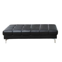 a black leather bench sitting on top of a metal frame legs and footrests