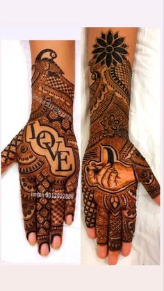 two hands with henna tattoos on them, one has the word love written on it