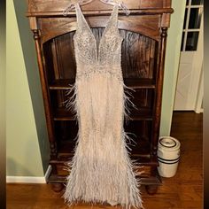 Size 4 Jovani Sheer Bodice Beaded Adorned Feather Fitted Evening Gown! Worn Once For A Few Hours During My Reception. Perfect Condition. This Has Been Altered In Length So I Could Wear Flats. I’m 5’6 Jovani Gown, Jovani Dresses, Gatsby, Evening Gown, Cream White, Evening Gowns, Bodice, Prom Dresses, Size 4