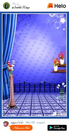 there is a blue room with flowers in the vase