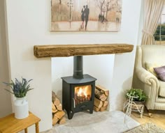 a wood burning stove in a living room