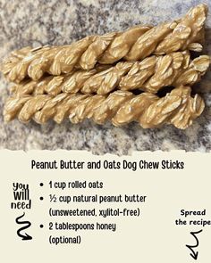 four peanut butter and oat dog chew sticks on top of a granite countertop