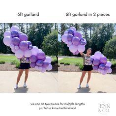 two girls are holding purple balloons in their hands