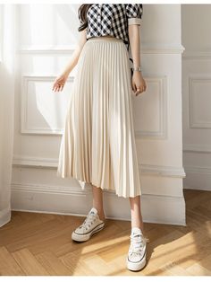 Casual A-line Pleated Maxi Skirt, White Non-stretch Knee-length Skirt, Cream Flared Pleated Skirt For Summer, Cream Pleated Long Skirt For Spring, Cream Flared Pleated Skirt For Spring, Cream Pleated Long Skirt, Cream Long Pleated Lined Skirt, A-line Pleated Skirt For Spring, Spring Cream Long Pleated Skirt