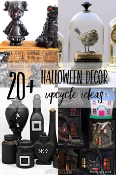 halloween decor is featured in this collage with the words, 20 + unique ideas