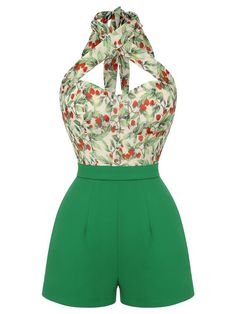 Green 1950s Strawberry Halter Romper | Retro Stage Sears Lemon Frog Shop, Retro Inspired Outfits, Halter Romper, 1960's Dress, Strawberry Print, Plus Size Shopping, 50s Fashion