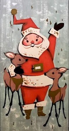 a painting of santa claus with deers