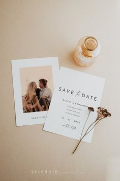 an image of a wedding save the date card with a flower and photo on it