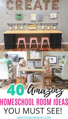 some kids are sitting at desks in front of a sign that says, 40 amazing homeschool room ideas you must see