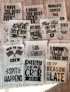 several different types of iron - on patches with words and phrases